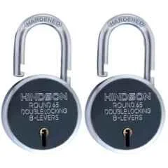 Hindson 65mm Round Metal Double Locking Lock with 8 Lever & 3 Keys, Round 65 (Pack of 2)